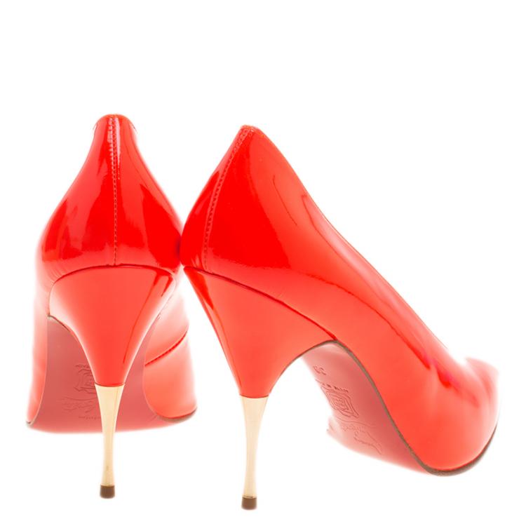 Pre Owned Christian Louboutin Neon Orange Patent Leather Lola 100 Pumps Size 39