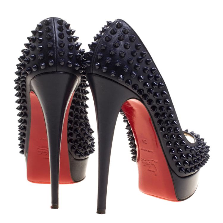 Pre Owned Christian Louboutin Navy Blue Leather Lady Peep Toe Spike Platform Pumps Size 38
