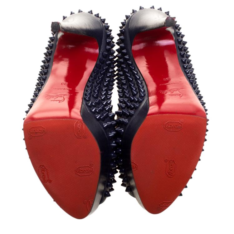 Pre Owned Christian Louboutin Navy Blue Leather Lady Peep Toe Spike Platform Pumps Size 38