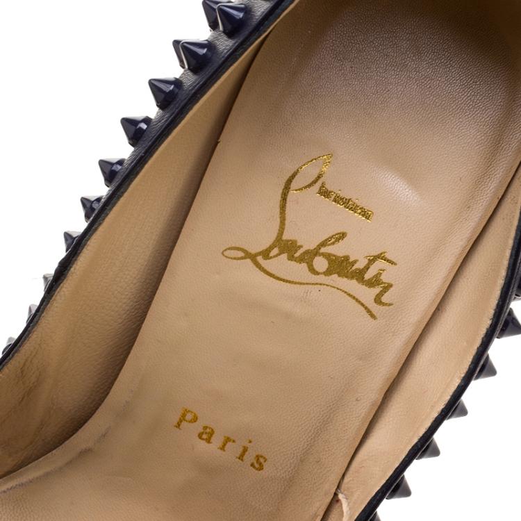 Pre Owned Christian Louboutin Navy Blue Leather Lady Peep Toe Spike Platform Pumps Size 38