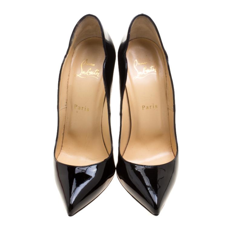 Pre Owned Christian Louboutin Black Patent Leather Hot Chick Scalloped Trim Pointed Toe Pumps Size 39