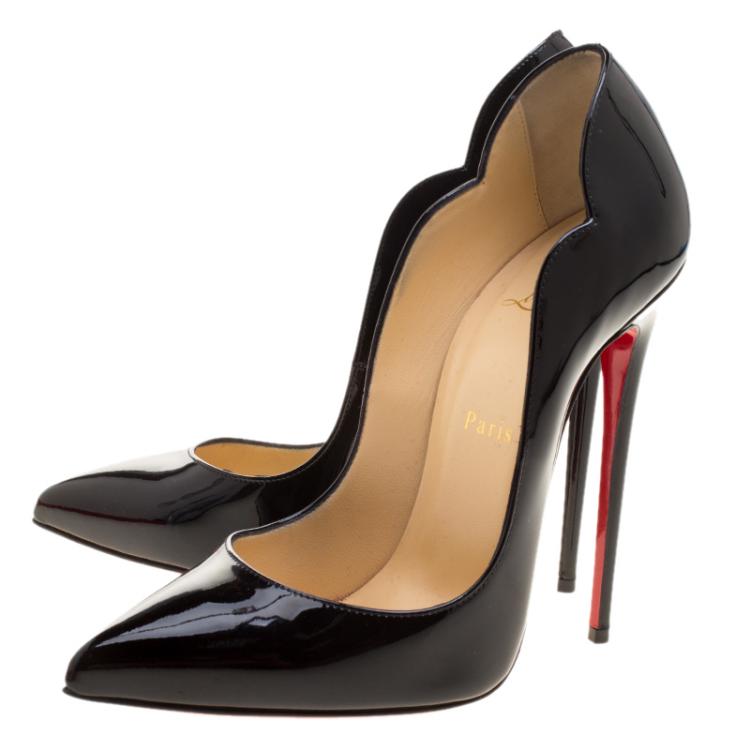 Pre Owned Christian Louboutin Black Patent Leather Hot Chick Scalloped Trim Pointed Toe Pumps Size 39
