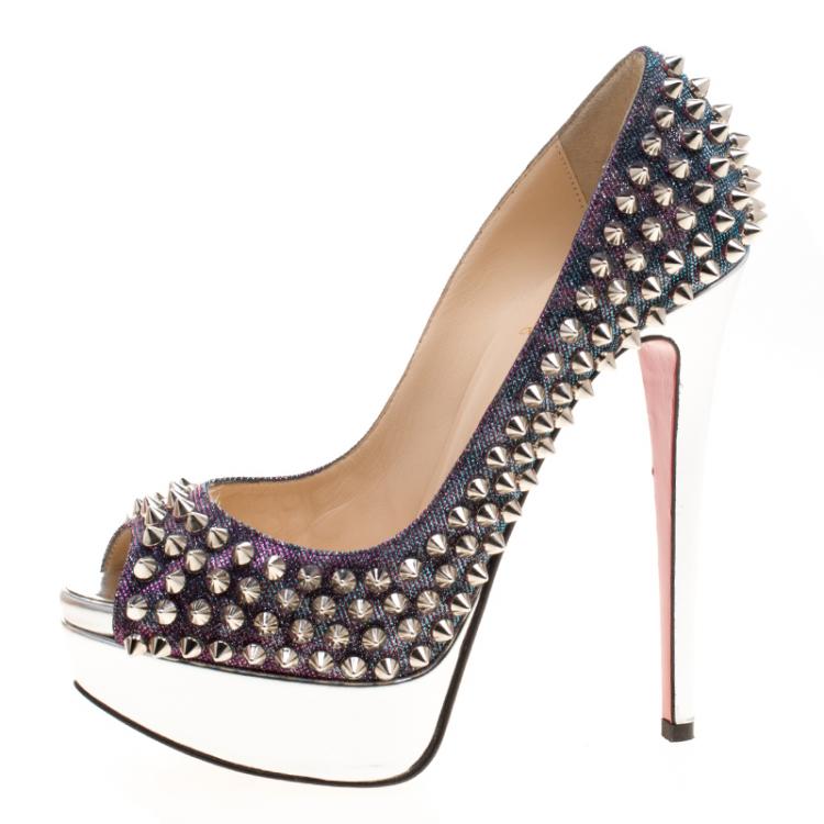 Pre Owned Christian Louboutin Metallic Lamè Lady Peep Spike Platform Pumps Size 35