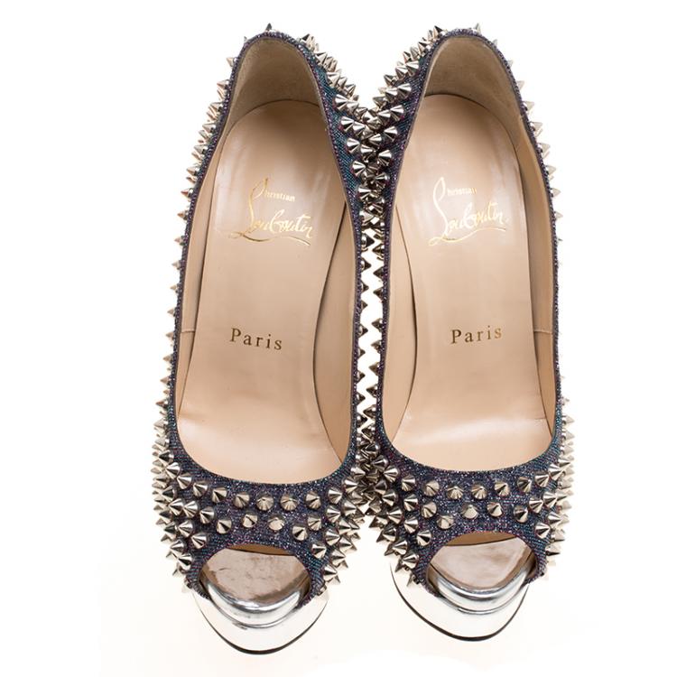 Pre Owned Christian Louboutin Metallic Lamè Lady Peep Spike Platform Pumps Size 35