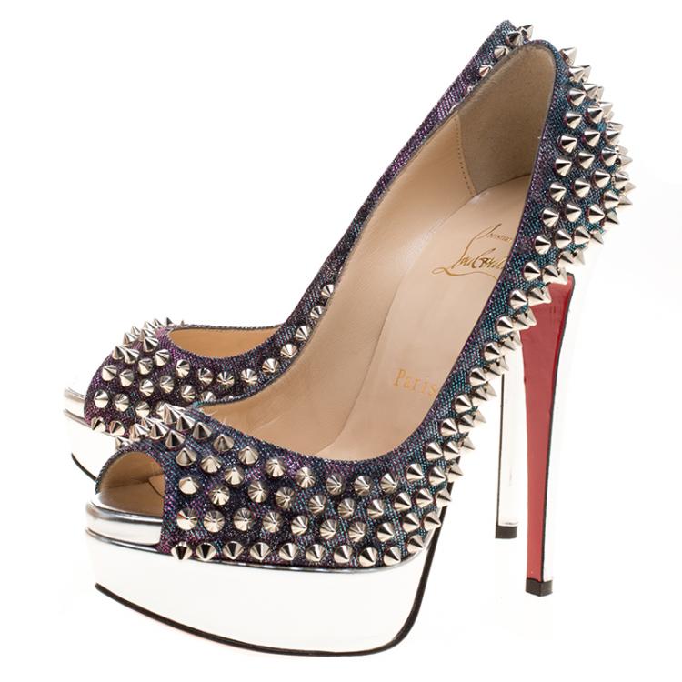 Pre Owned Christian Louboutin Metallic Lamè Lady Peep Spike Platform Pumps Size 35