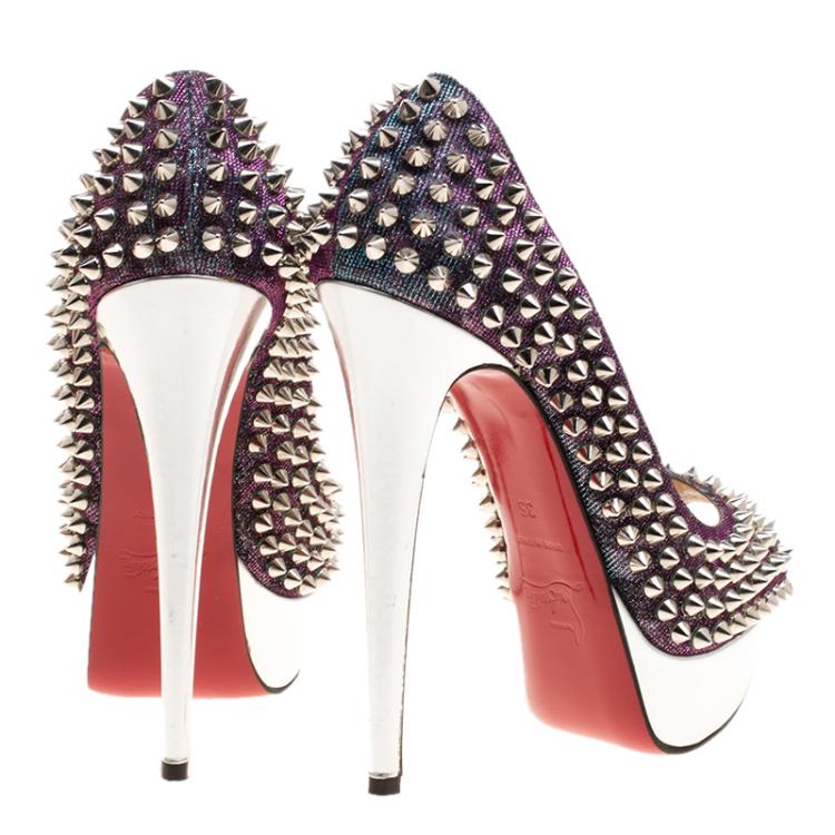 Pre Owned Christian Louboutin Metallic Lamè Lady Peep Spike Platform Pumps Size 35