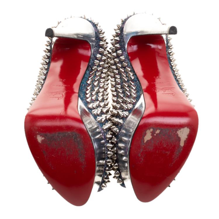 Pre Owned Christian Louboutin Metallic Lamè Lady Peep Spike Platform Pumps Size 35