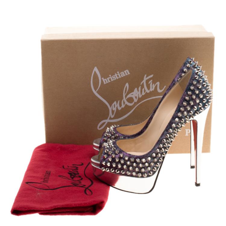Pre Owned Christian Louboutin Metallic Lamè Lady Peep Spike Platform Pumps Size 35
