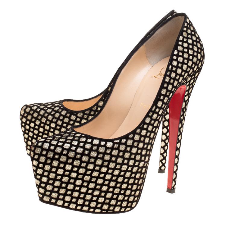 Pre Owned Christian Louboutin Glitter Floque and Suede Daffodile Platform Pumps Size 39