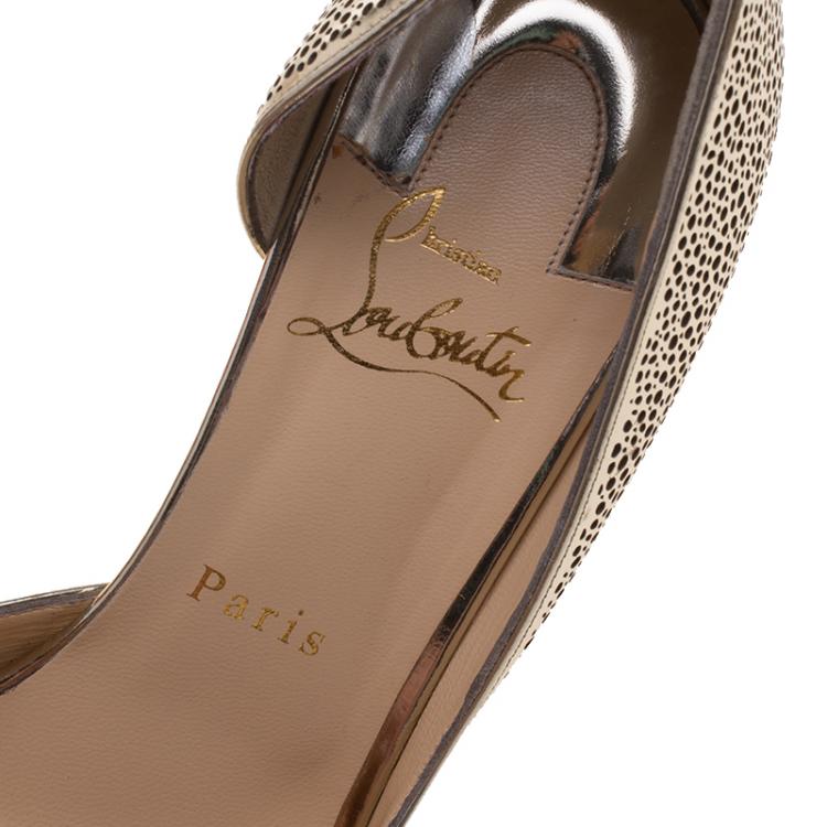 Pre Owned Christian Louboutin Metallic Gold Perforated Leather and Glitter Galu D'orsay Pointed Toe Pumps Size 37.5