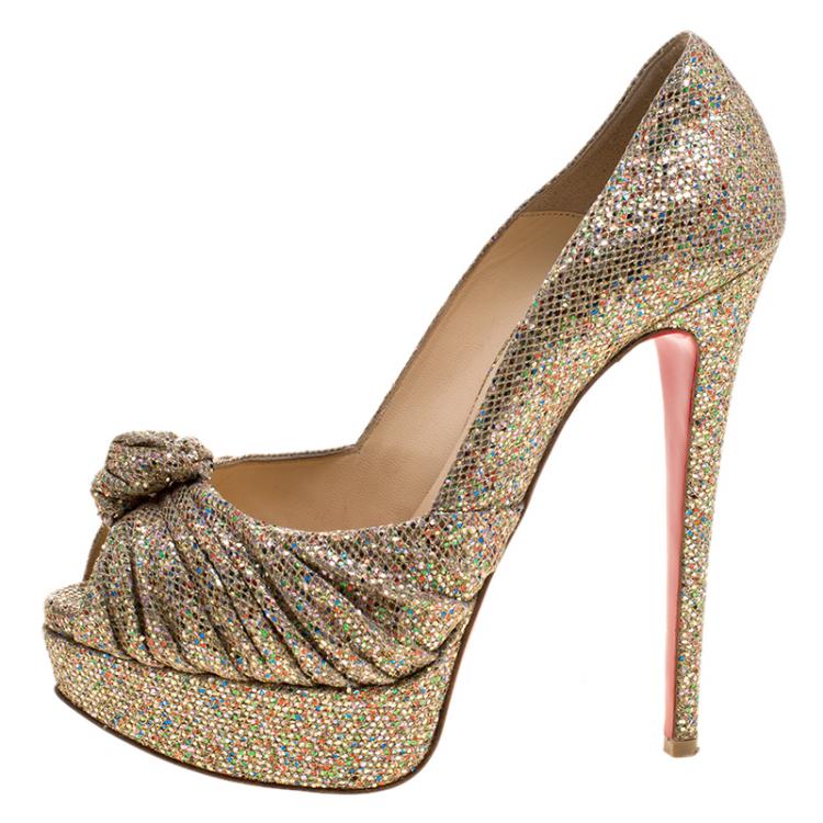 Pre Owned Christian Louboutin Multicolor Glitter Knotted Greissimo Platform Pumps Size 36.5