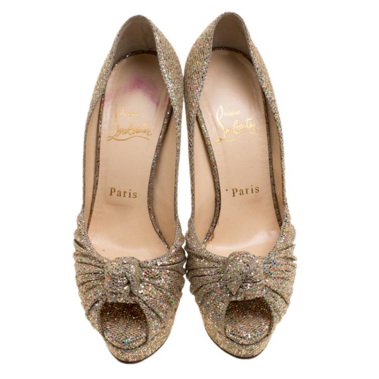 Pre Owned Christian Louboutin Multicolor Glitter Knotted Greissimo Platform Pumps Size 36.5
