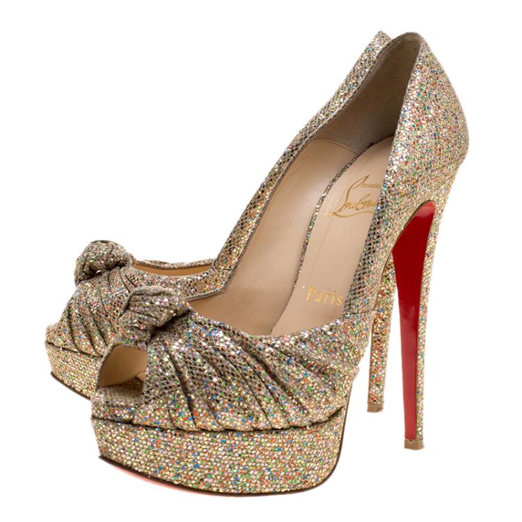 Pre Owned Christian Louboutin Multicolor Glitter Knotted Greissimo Platform Pumps Size 36.5