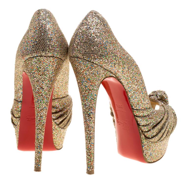 Pre Owned Christian Louboutin Multicolor Glitter Knotted Greissimo Platform Pumps Size 36.5