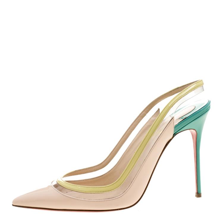Pre Owned Christian Louboutin Tricolor Patent Leather and PVC Paulina Slingback Sandals Size 40