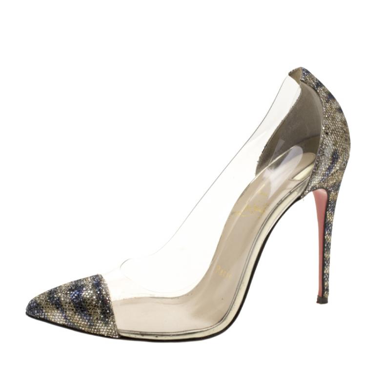 Pre Owned Christian Louboutin Metallic Animal Print Lamè and PVC New Debout Pointed Toe Pumps Size 37