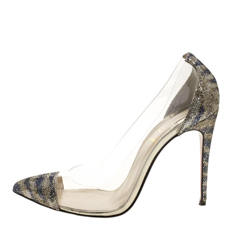Pre Owned Christian Louboutin Metallic Animal Print Lamè and PVC New Debout Pointed Toe Pumps Size 37