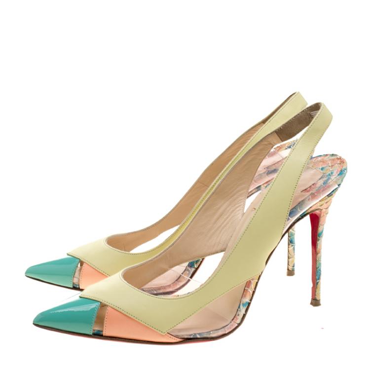 Pre Owned Christian Louboutin Tricolor Python Embossed/Leather and PVC Air Chance Sling Back Sandals Size 38