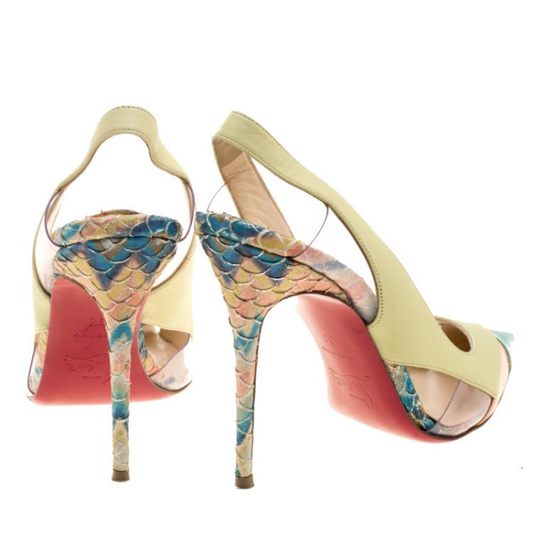 Pre Owned Christian Louboutin Tricolor Python Embossed/Leather and PVC Air Chance Sling Back Sandals Size 38