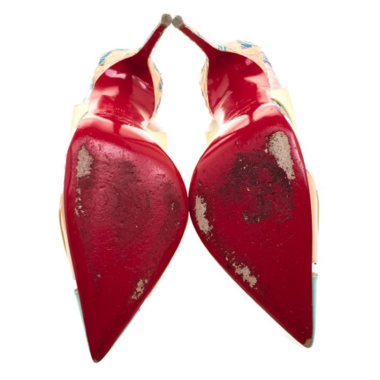 Pre Owned Christian Louboutin Tricolor Python Embossed/Leather and PVC Air Chance Sling Back Sandals Size 38