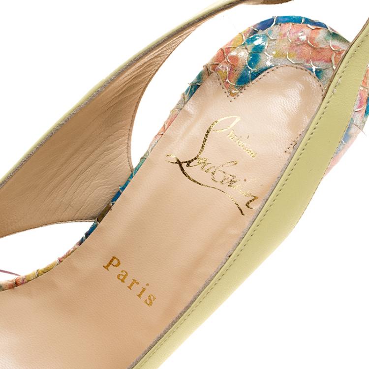 Pre Owned Christian Louboutin Tricolor Python Embossed/Leather and PVC Air Chance Sling Back Sandals Size 38