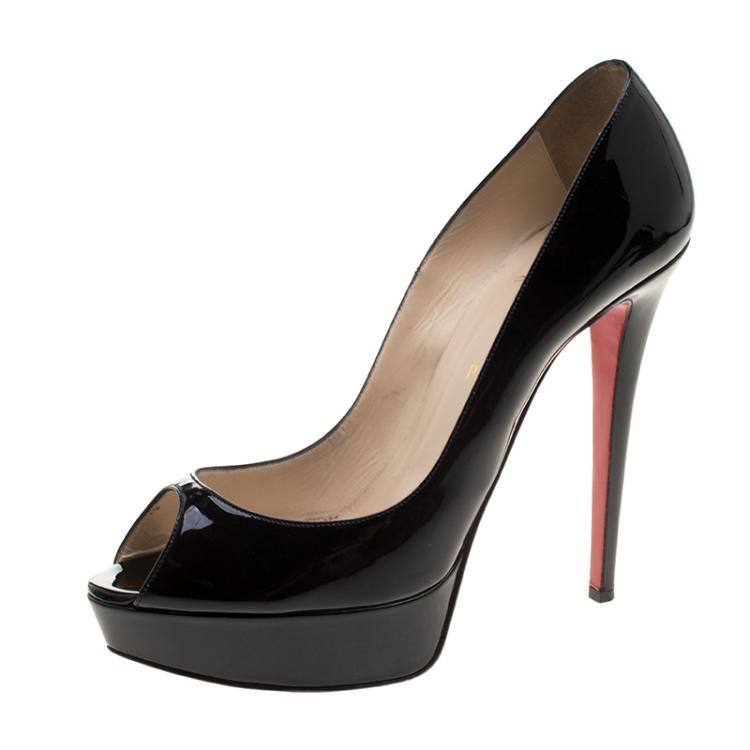 Pre Owned Christian Louboutin Black Patent Lady Peep Toe Platform Pumps Size 41