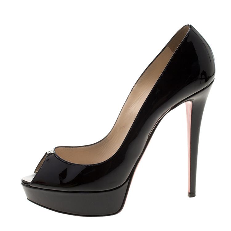 Pre Owned Christian Louboutin Black Patent Lady Peep Toe Platform Pumps Size 41