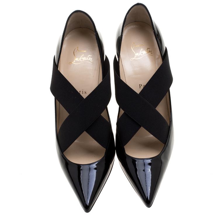 Pre Owned Christian Louboutin Black Patent Leather Sharpstagram Cross Strap Pointed Toe Pumps Size 38.5