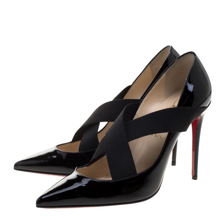 Pre Owned Christian Louboutin Black Patent Leather Sharpstagram Cross Strap Pointed Toe Pumps Size 38.5