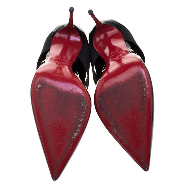 Pre Owned Christian Louboutin Black Patent Leather Sharpstagram Cross Strap Pointed Toe Pumps Size 38.5