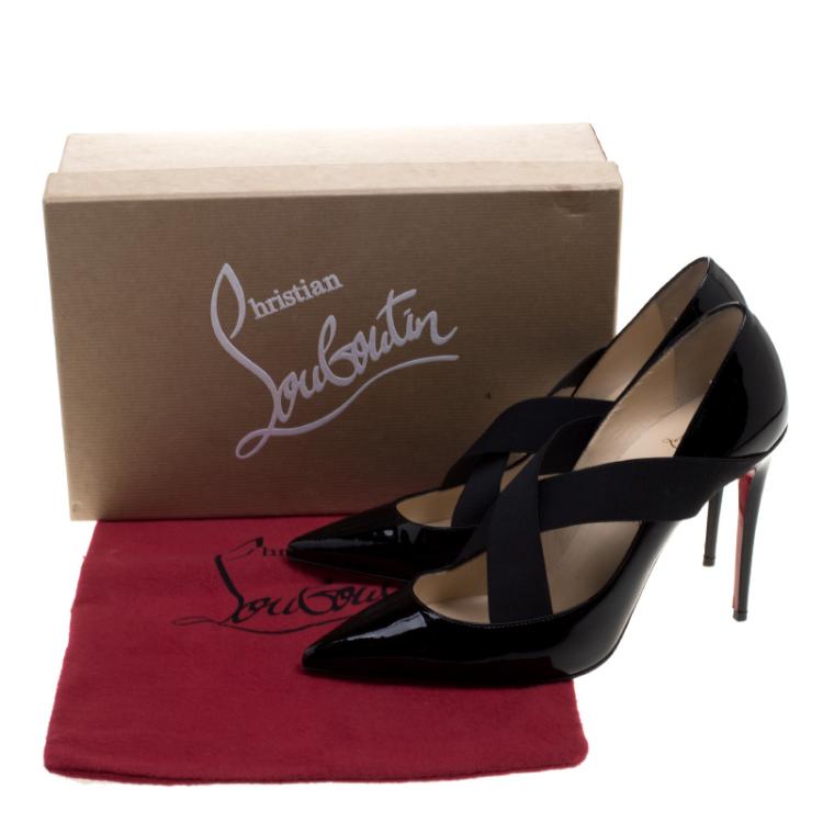 Pre Owned Christian Louboutin Black Patent Leather Sharpstagram Cross Strap Pointed Toe Pumps Size 38.5