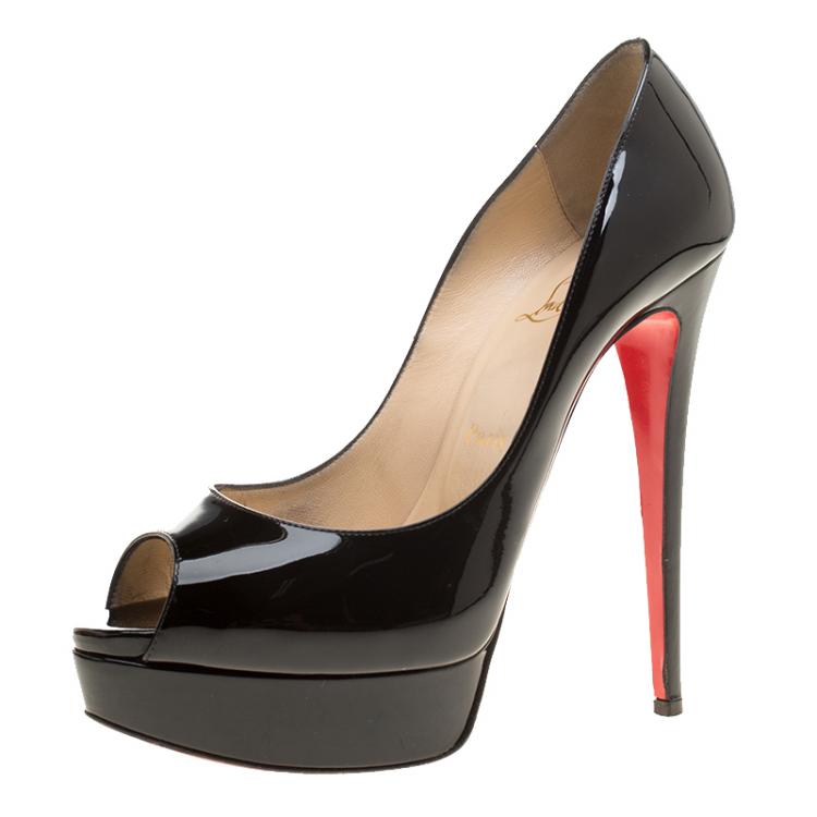 Pre Owned Christian Louboutin Black Patent Leather Lady Peep Toe Platform Pumps Size 39
