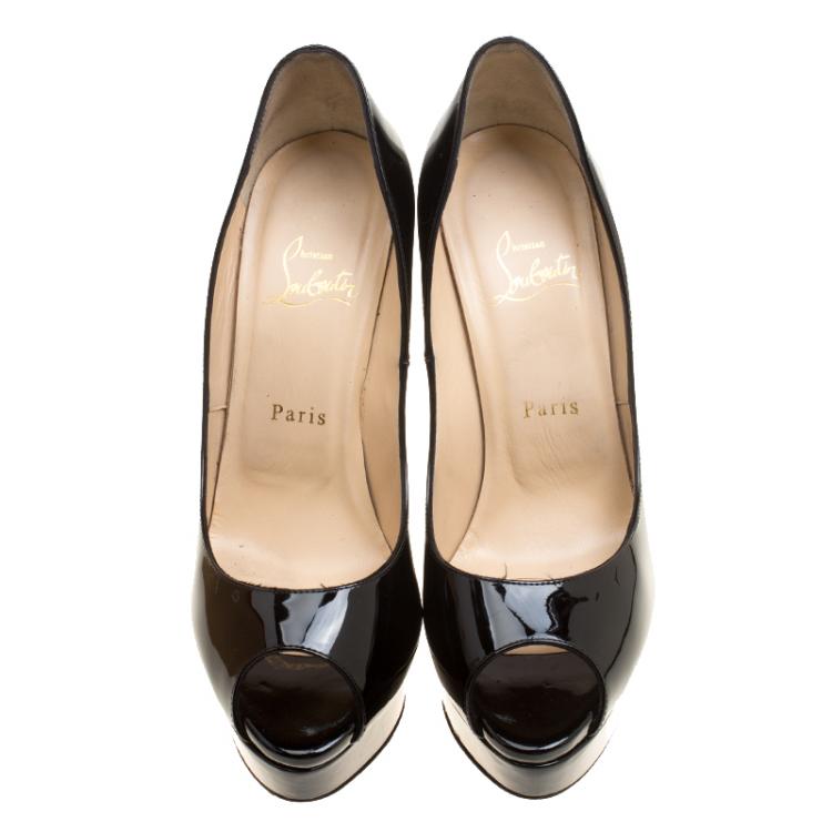 Pre Owned Christian Louboutin Black Patent Leather Lady Peep Toe Platform Pumps Size 39