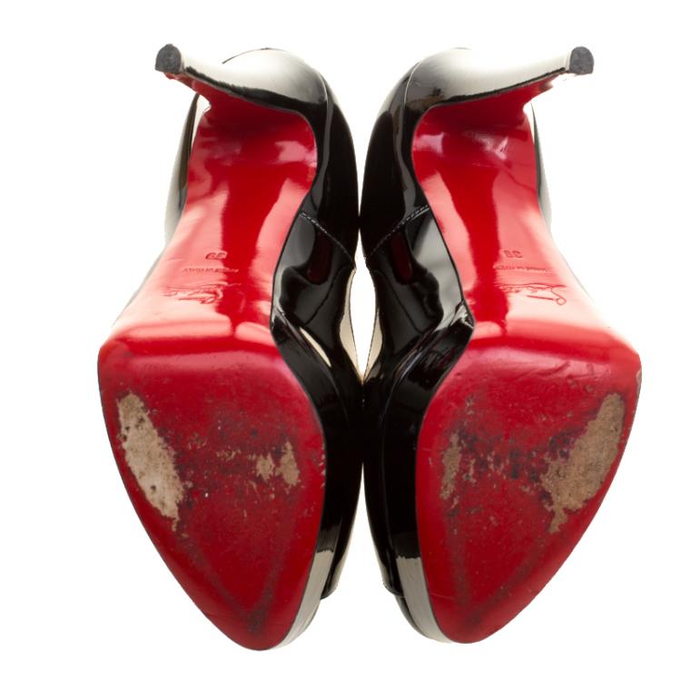 Pre Owned Christian Louboutin Black Patent Leather Lady Peep Toe Platform Pumps Size 39