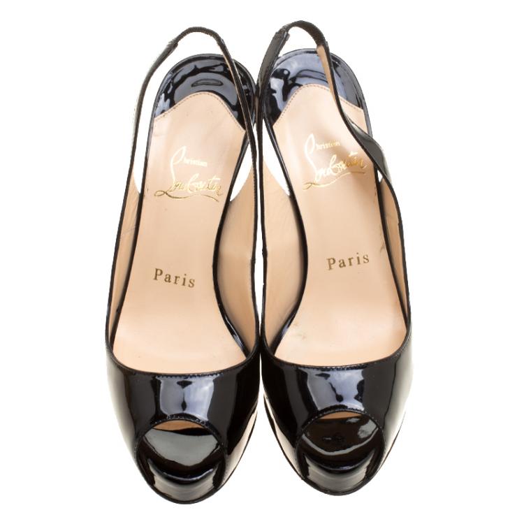 Pre Owned Christian Louboutin Black Patent Leather Private Number Peep Toe Slingback Sandals Size 35