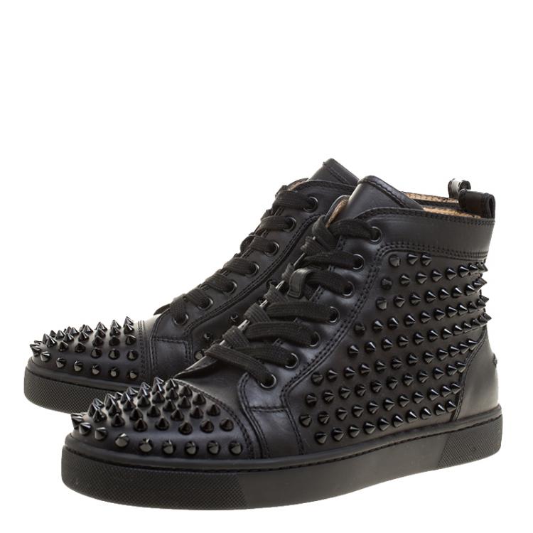 Pre Owned Christian Louboutin Black Leather Louis Spikes High Top Sneakers Size 39