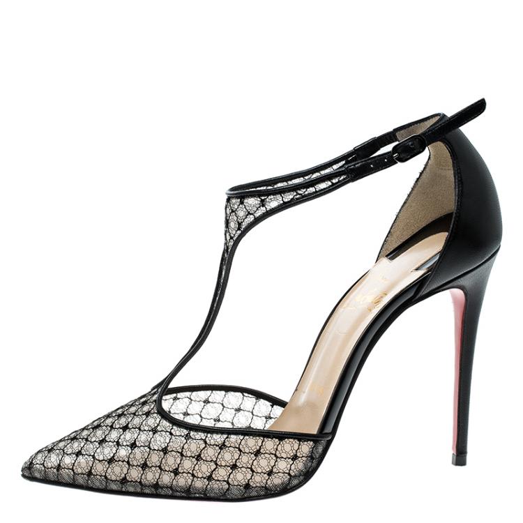 Pre Owned Christian Louboutin Black Lace T-Strap Salonu Sandals Size 37.5