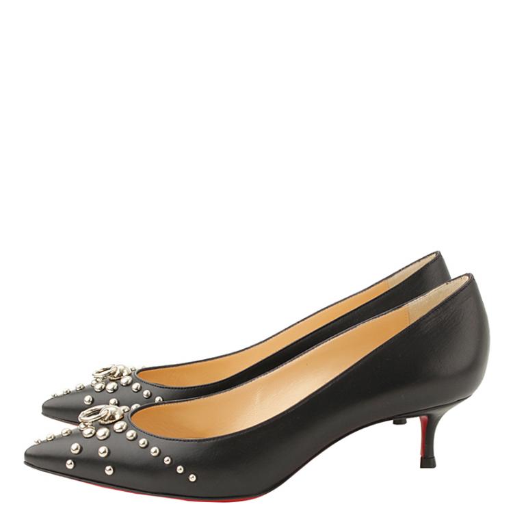 Pre Owned Christian Louboutin Black Leather Studded Door Knock Pointed Toe Pumps Size 37