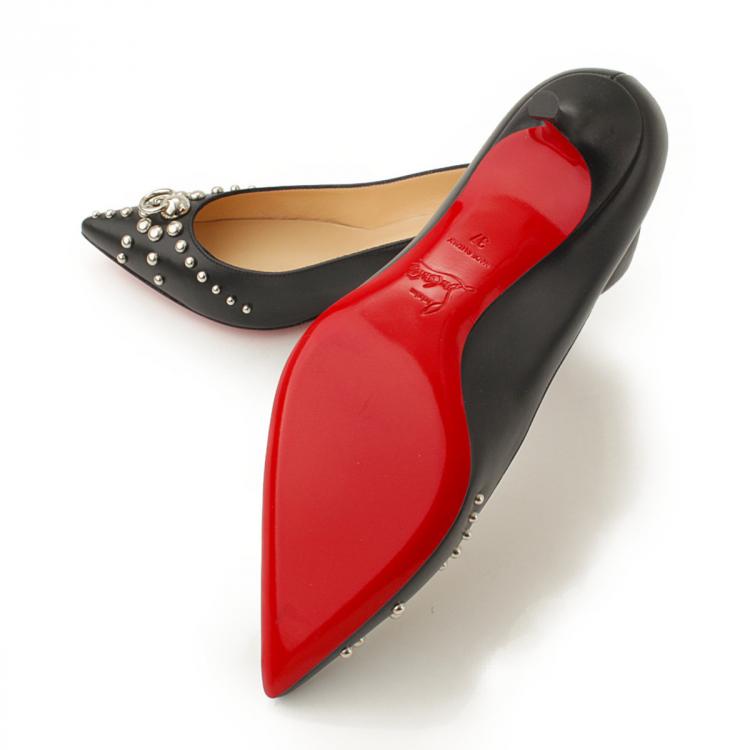 Pre Owned Christian Louboutin Black Leather Studded Door Knock Pointed Toe Pumps Size 37