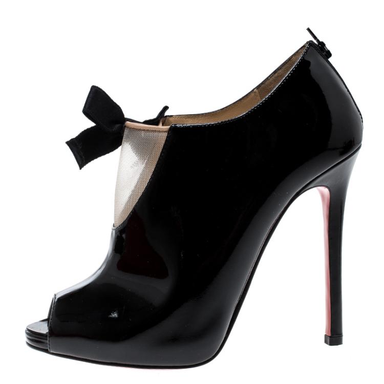 Pre Owned Christian Louboutin Black Patent Leather and Mesh Ankle Booties Size 36.5