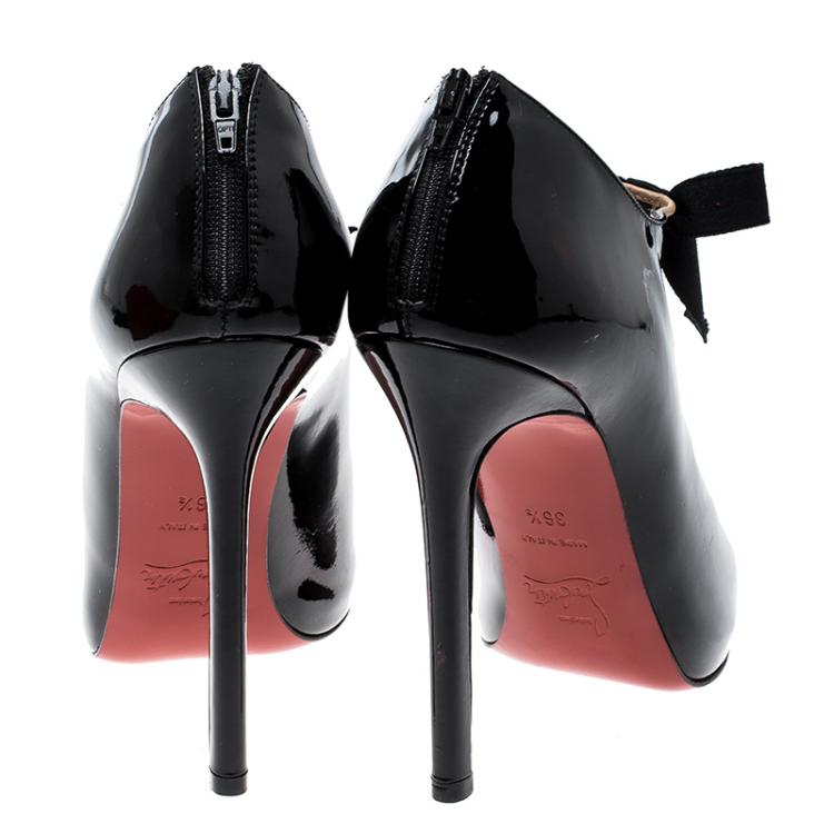 Pre Owned Christian Louboutin Black Patent Leather and Mesh Ankle Booties Size 36.5
