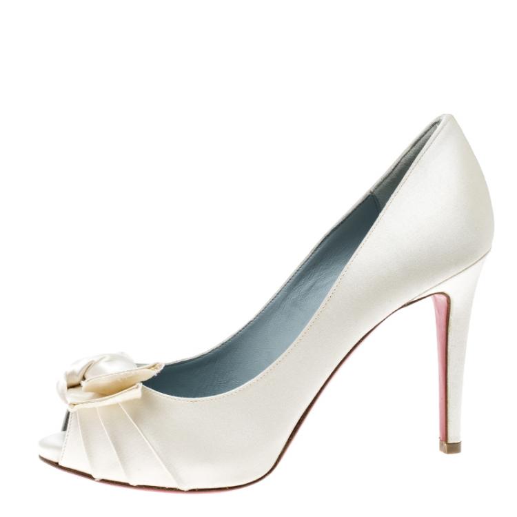 Pre Owned Christian Louboutin Cream Satin Madame Butterfly Peep Toe Pumps Size 36.5
