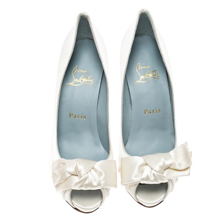 Pre Owned Christian Louboutin Cream Satin Madame Butterfly Peep Toe Pumps Size 36.5