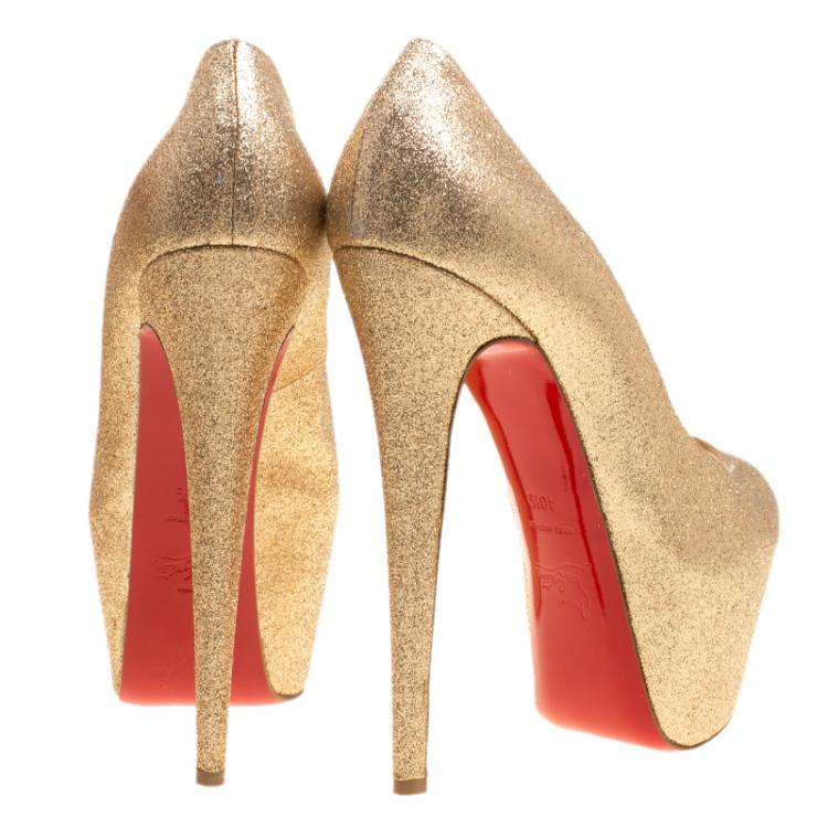 Pre Owned Christian Louboutin Gold Glitter Lady Peep Toe Platform Pumps Size 40.5