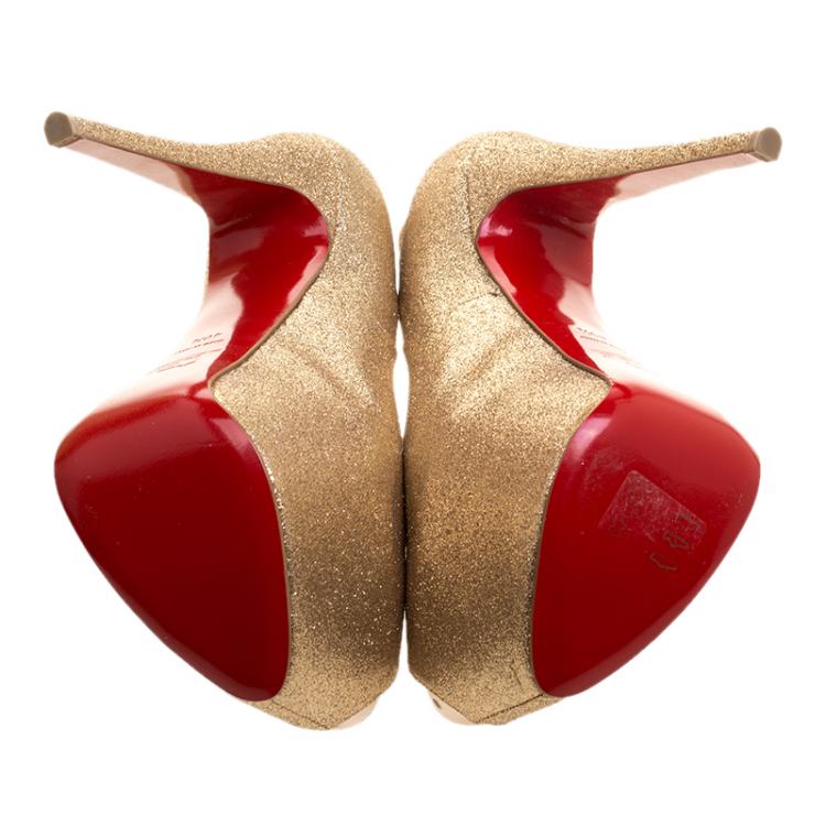 Pre Owned Christian Louboutin Gold Glitter Lady Peep Toe Platform Pumps Size 40.5