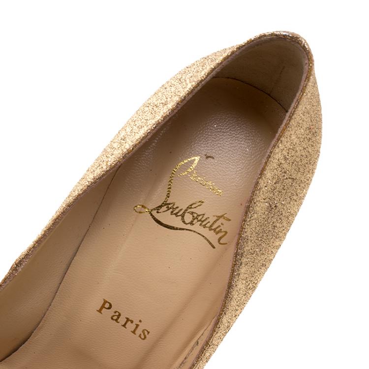 Pre Owned Christian Louboutin Gold Glitter Lady Peep Toe Platform Pumps Size 40.5