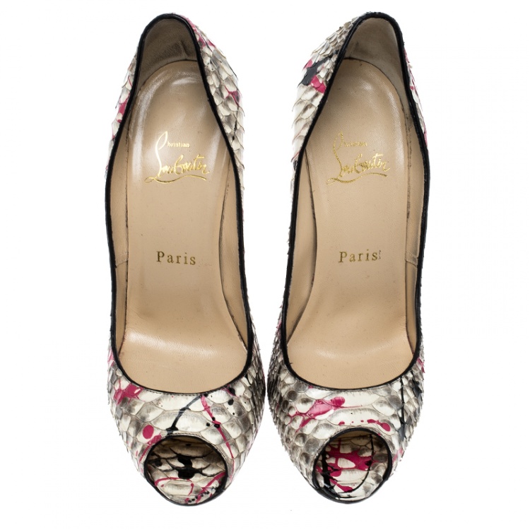 Pre Owned Christian Louboutin Multicolor Painted Splatter Python Peep Toe Pumps Size 37