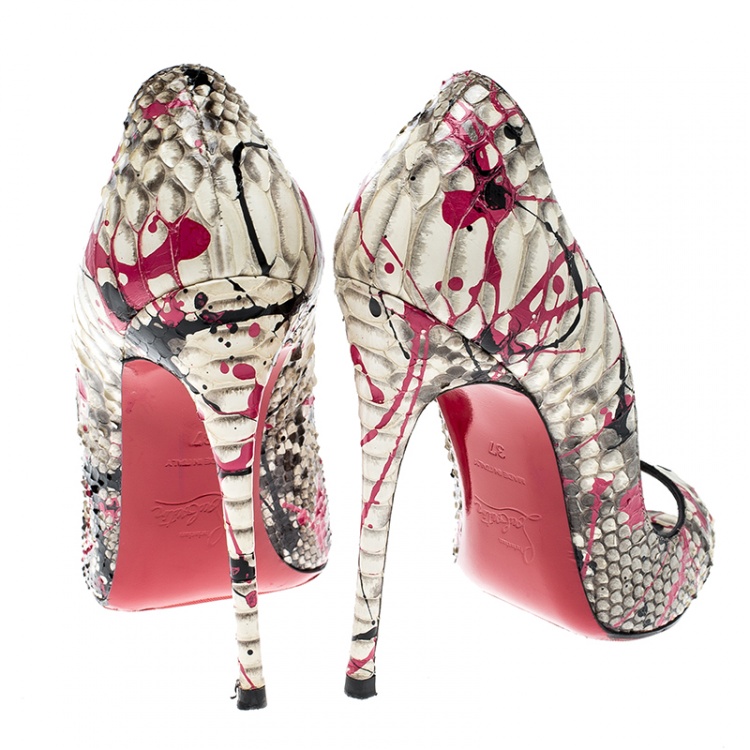 Pre Owned Christian Louboutin Multicolor Painted Splatter Python Peep Toe Pumps Size 37