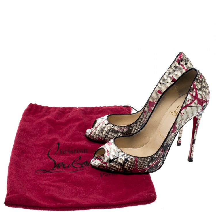 Pre Owned Christian Louboutin Multicolor Painted Splatter Python Peep Toe Pumps Size 37