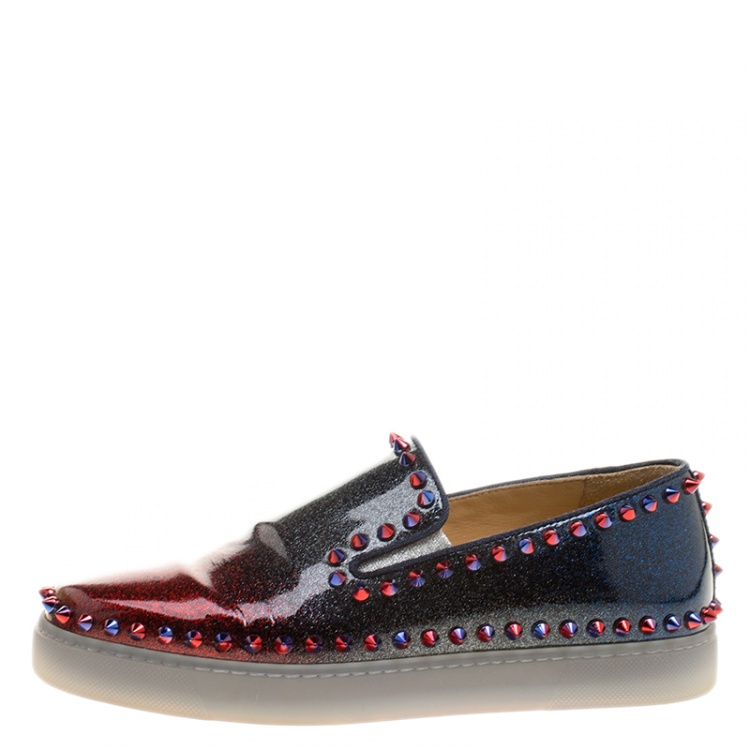 Pre Owned Christian Louboutin Ombrè Glitter Patent Leather Spike Pik Boat Slip On Sneakers Size 37.5
